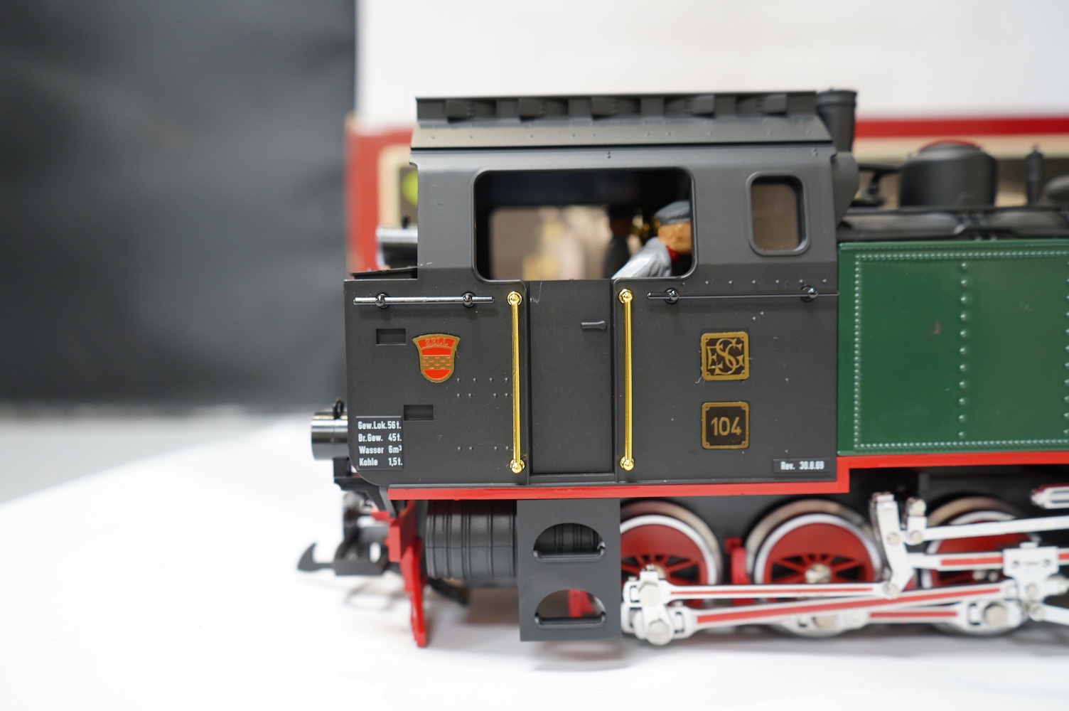 A boxed Lehman LGB (2085) G scale railway Mallet 0-6-6-0T locomotive, 104, in green livery. Condition - good, evidence of very minor running wear only.